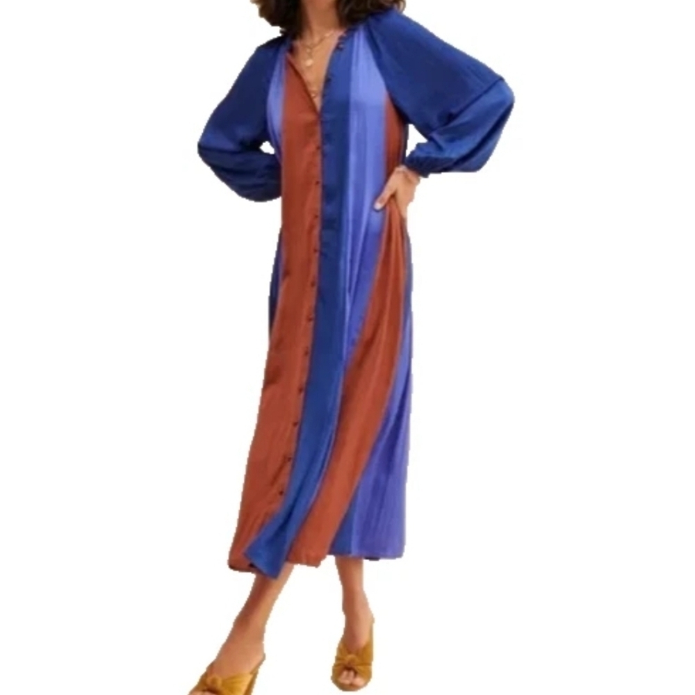 Maeve Anthropologie Colorblock Satin Midi Shirt Dress